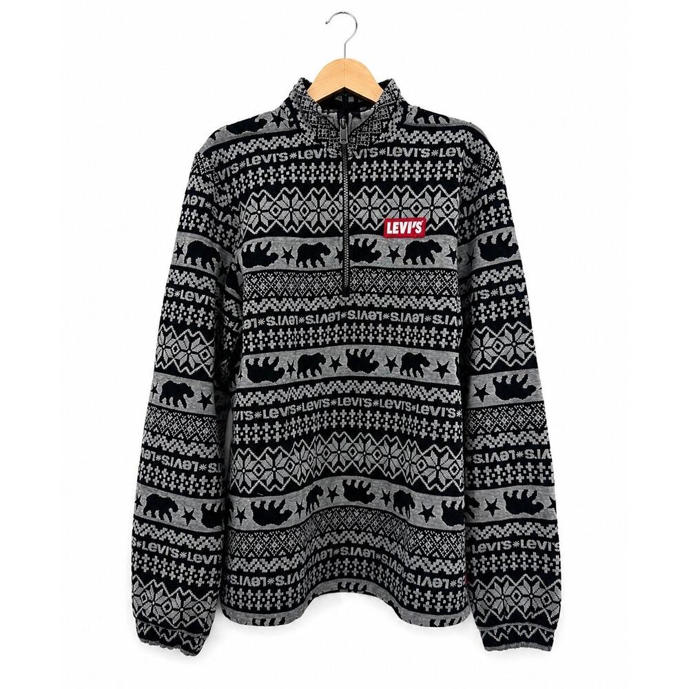 Levis Boy's XL 13-15 Quarter Zip Fleece Pullover Black Grey Bear Sweater